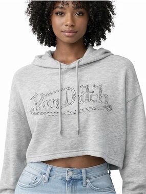 Von Dutch Light Gray Cropped Hoodie with Studded Logo